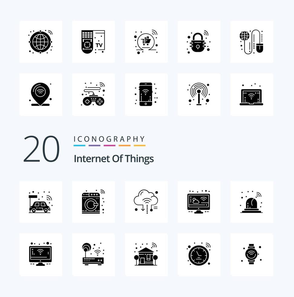 20 Internet Of Things Solid Glyph icon Pack like alarm screen internet cloudy cloud vector