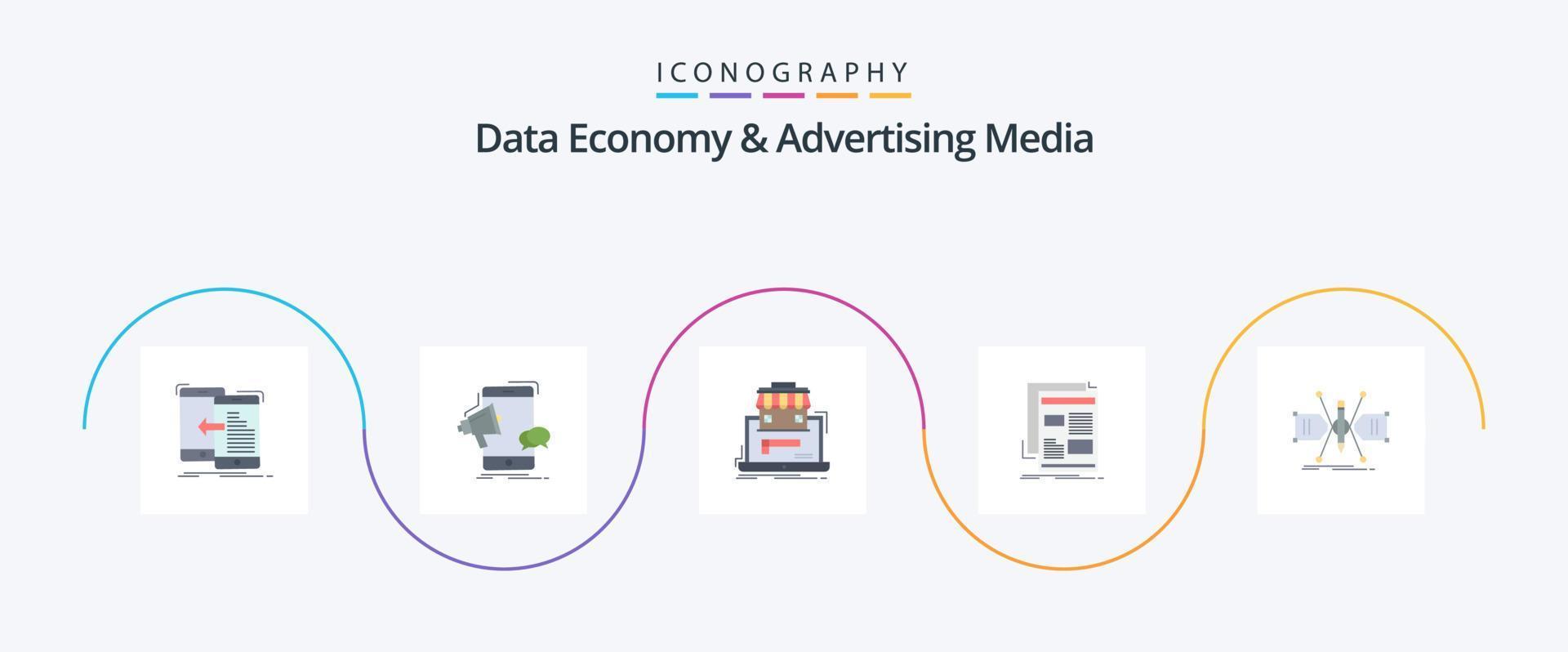 Data Economy And Advertising Media Flat 5 Icon Pack Including newspaper. news. megaphone. online market. organization vector