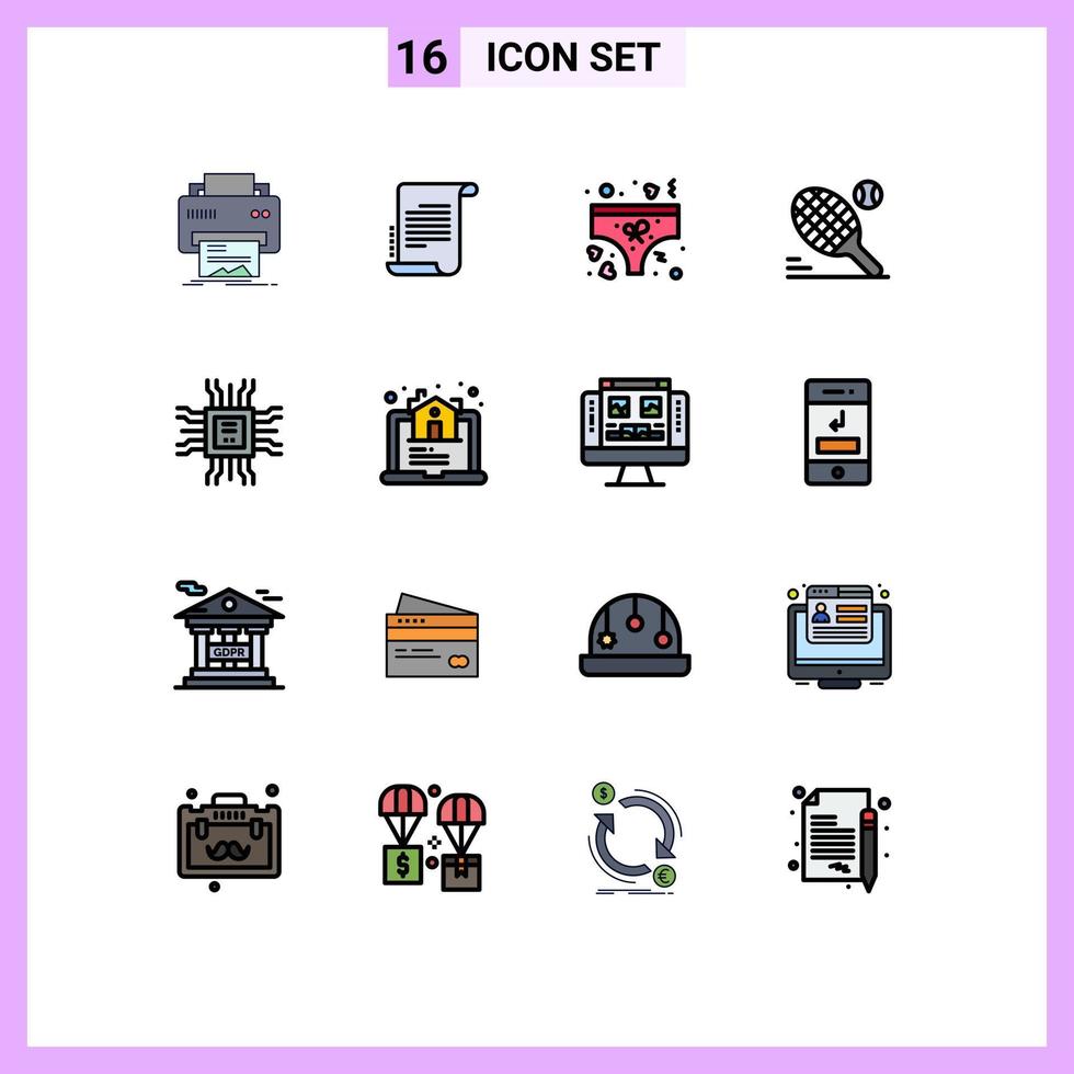 Set of 16 Vector Flat Color Filled Lines on Grid for book racket screenplay ball underwear Editable Creative Vector Design Elements