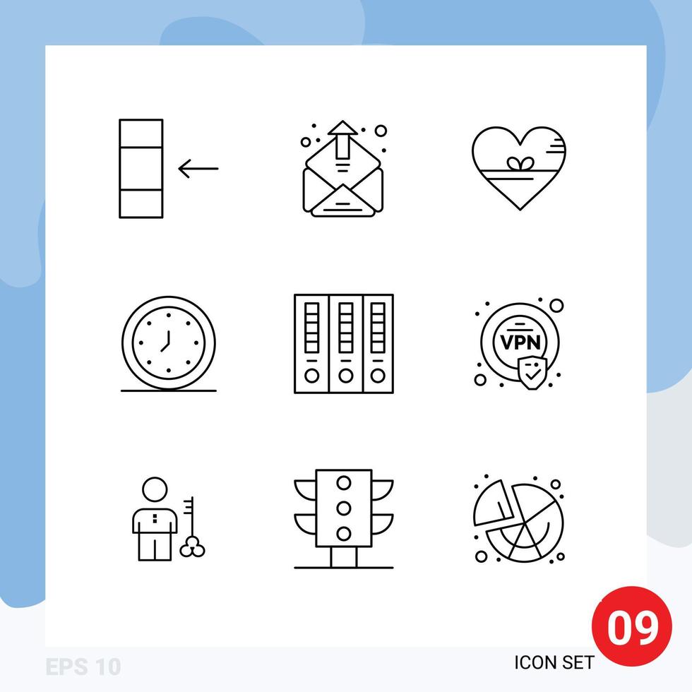 Outline Pack of 9 Universal Symbols of archive time love clock alarm Editable Vector Design Elements