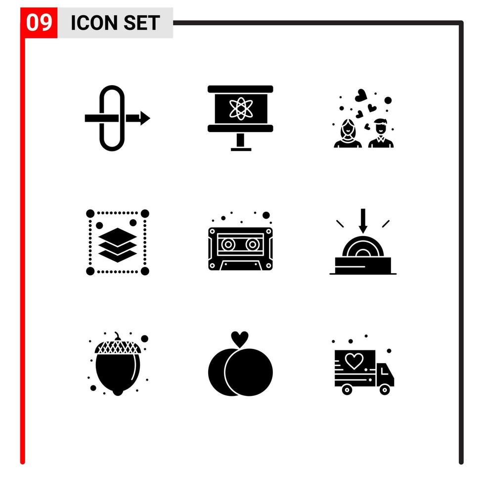 Group of 9 Solid Glyphs Signs and Symbols for tape audio cassette wedding audio layers Editable Vector Design Elements