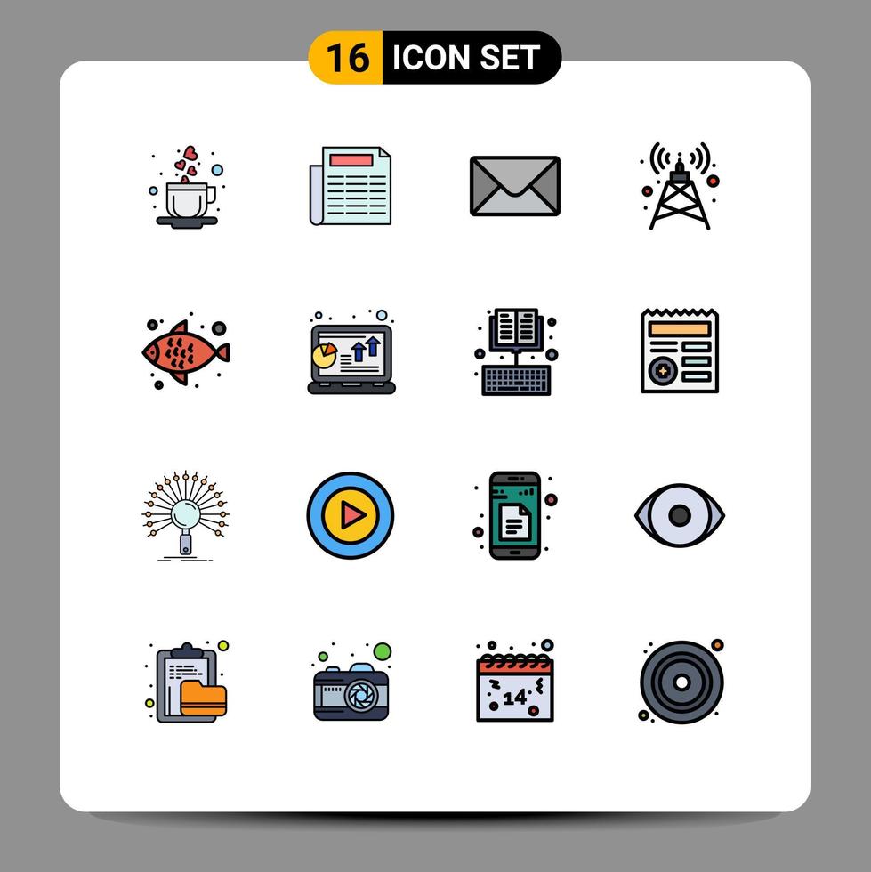 16 concepto de línea llena de color plano para sitios web móviles y aplicaciones análisis de antena de gráfico de computadora portátil elementos de diseño de vectores creativos editables de alimentos marinos