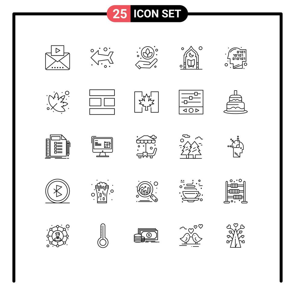 User Interface Pack of 25 Basic Lines of human binary care moon mosque Editable Vector Design Elements