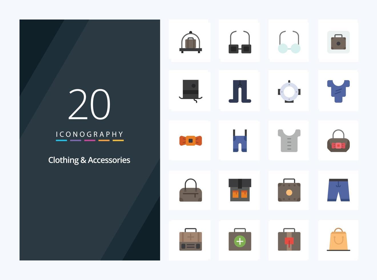 20 accesorios de ropa icono de color plano para presentación vector