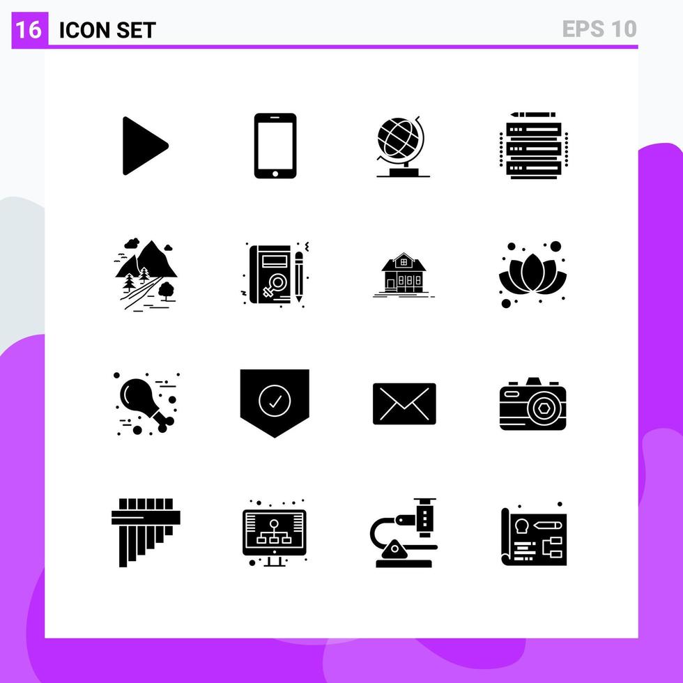 paquete de 16 signos y símbolos de glifos sólidos modernos para medios de impresión web, como elementos de diseño vectorial editables de la base de datos del servidor de la oficina de hill rocks vector