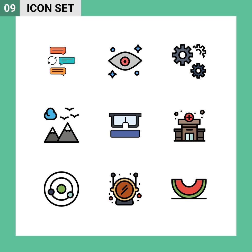 Group of 9 Filledline Flat Colors Signs and Symbols for virtual scenery watching nature service Editable Vector Design Elements