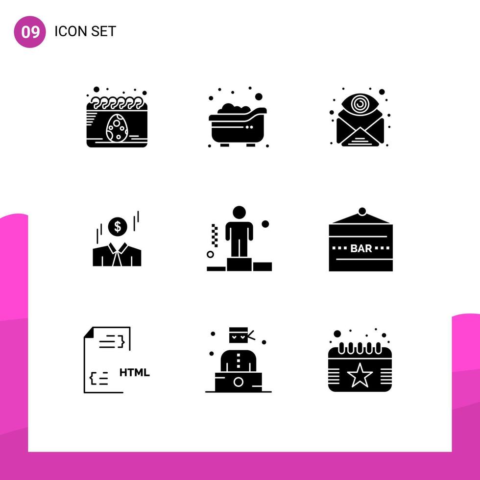 Universal Icon Symbols Group of 9 Modern Solid Glyphs of business man attachment dollar view Editable Vector Design Elements