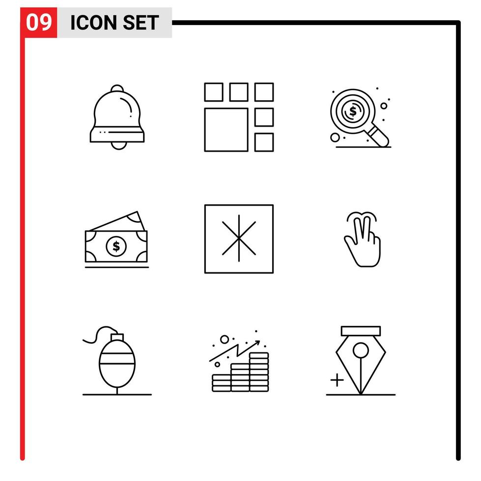 Group of 9 Outlines Signs and Symbols for refrigerator fridge find usa money Editable Vector Design Elements