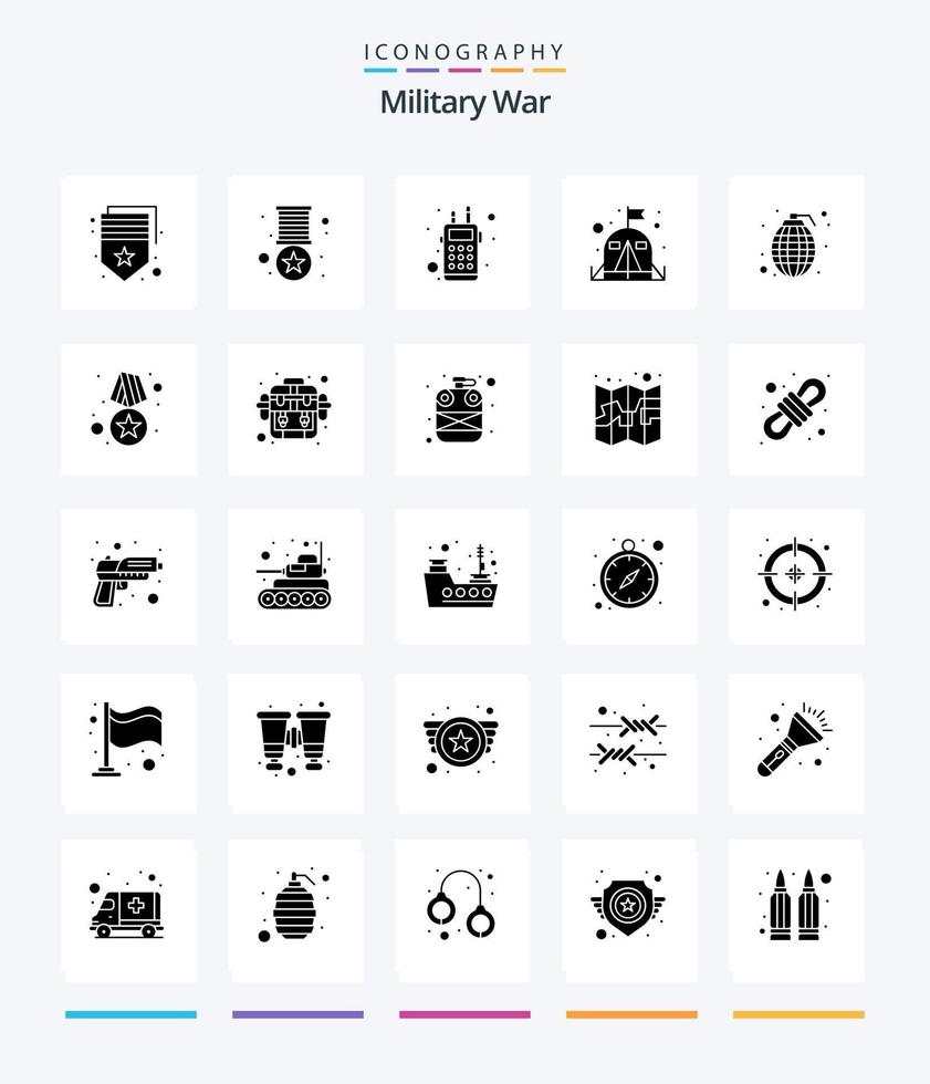 Paquete de iconos negros sólidos de 25 glifos de guerra militar creativa, como una granada. carpa. investigación. militar. Ejército vector