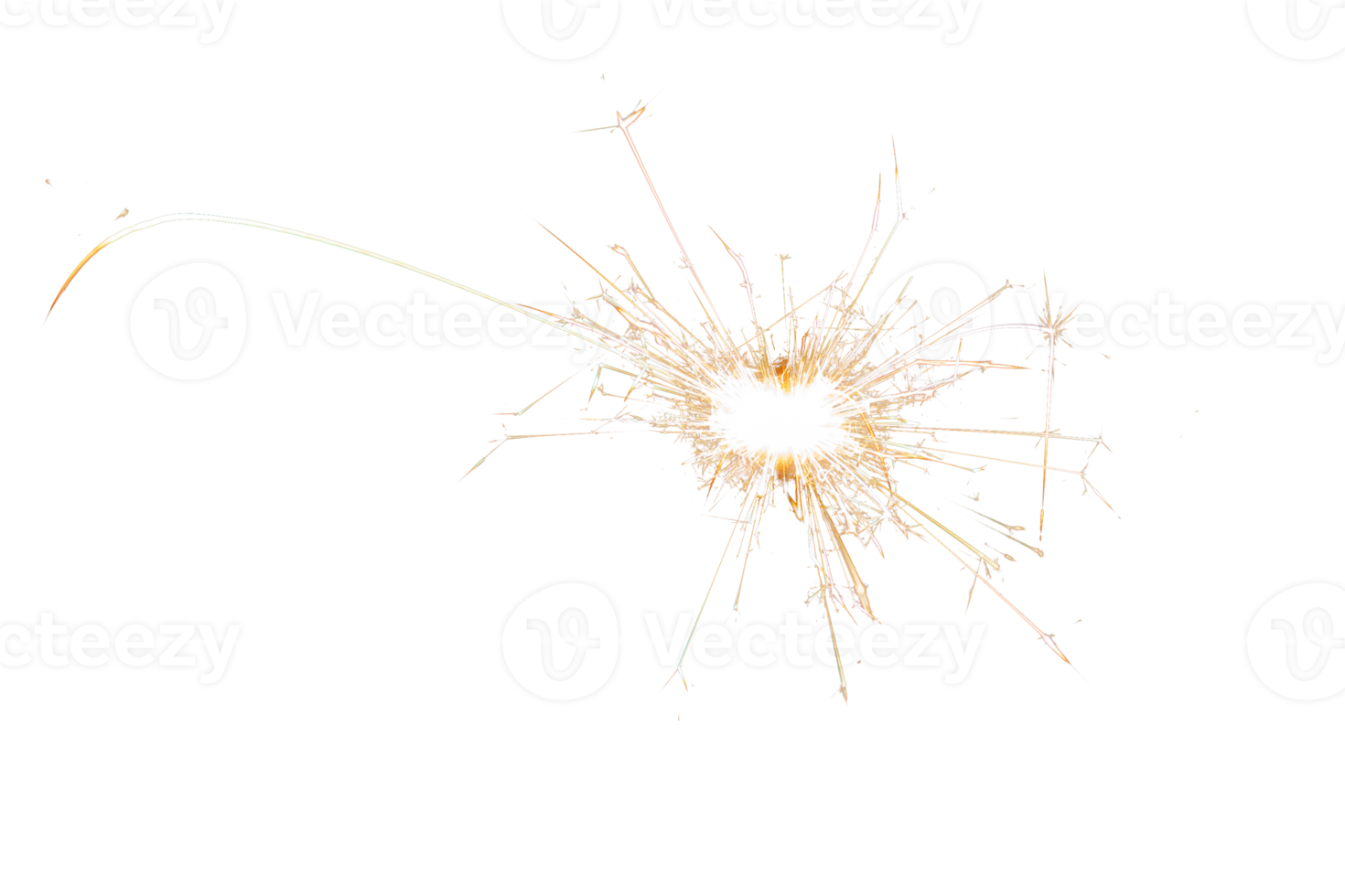 Burning sparkler isolated on transparent background. Fireworks theme. Light effect and texture. Christmas and new year decoration. PNG image.