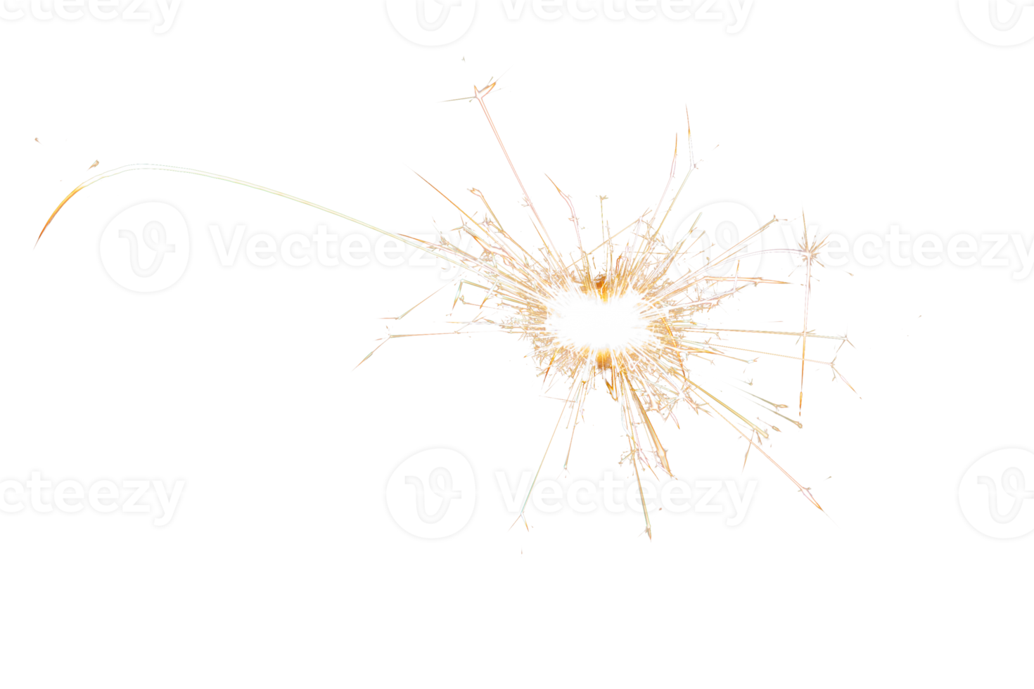 Burning sparkler isolated on transparent background. Fireworks theme. Light effect and texture. Christmas and new year decoration. PNG image.