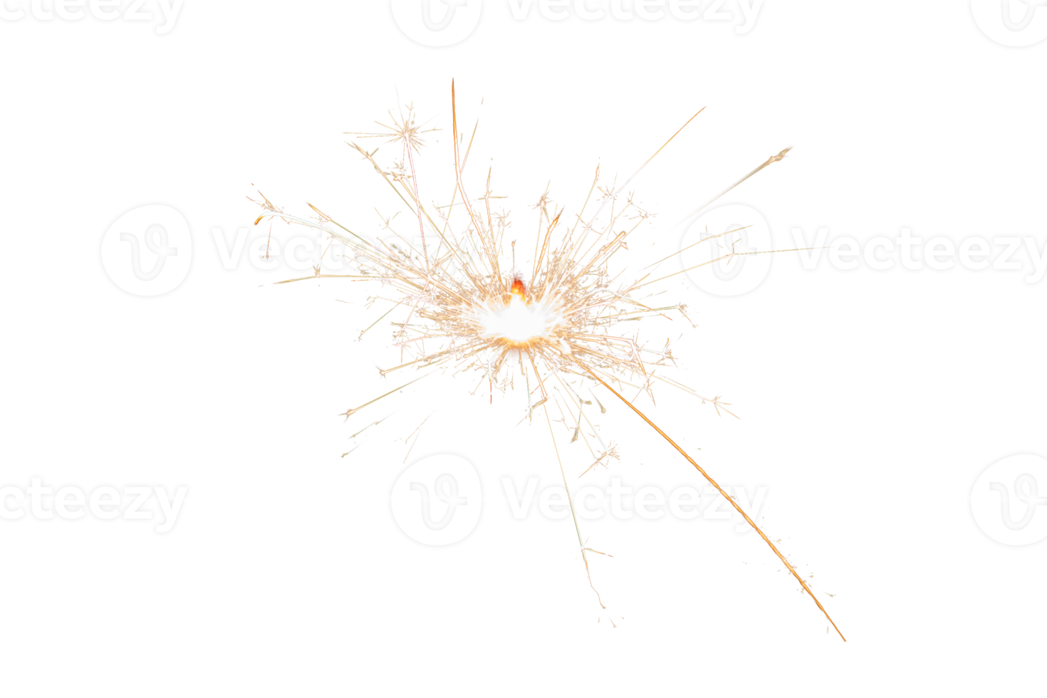 Burning sparkler isolated on transparent background. Fireworks theme. Light effect and texture. Christmas and new year decoration. PNG image.