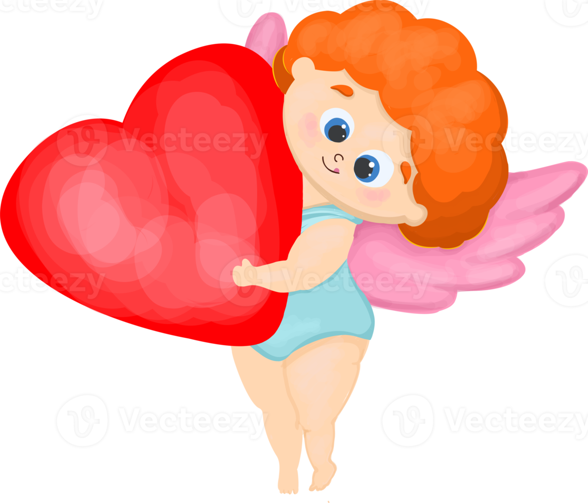 angel cupid character. Cupid is holding a red heart. valentine's assistant valentine's day decor.Red heart png