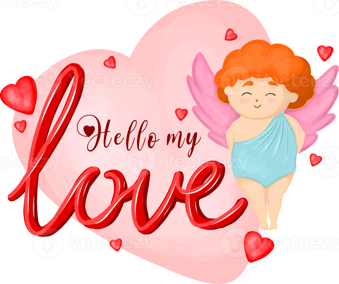 Cupid sticker, with hearts and romantic decor. Happy valentine's day.hello my love.pink heart. angel cupid character png