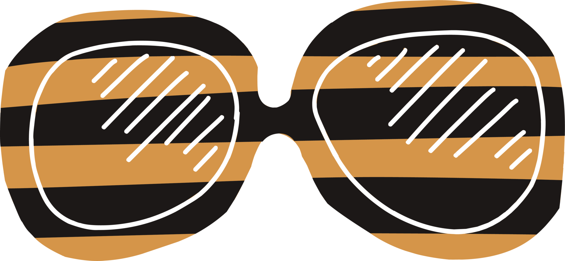 Trendy hand drawn sunglasses style. Striped glasses. Design element. Gold and black stripes. png