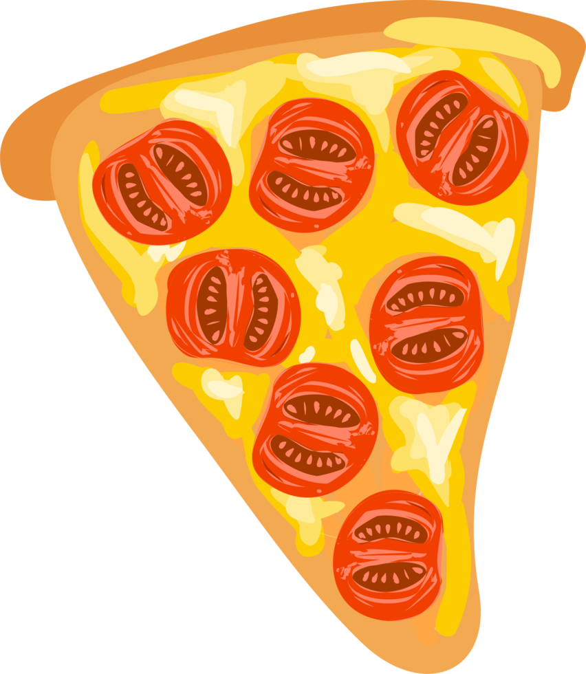skiva av pizza med tomater och ost. aptitlig hand dragen pizza skiva. png