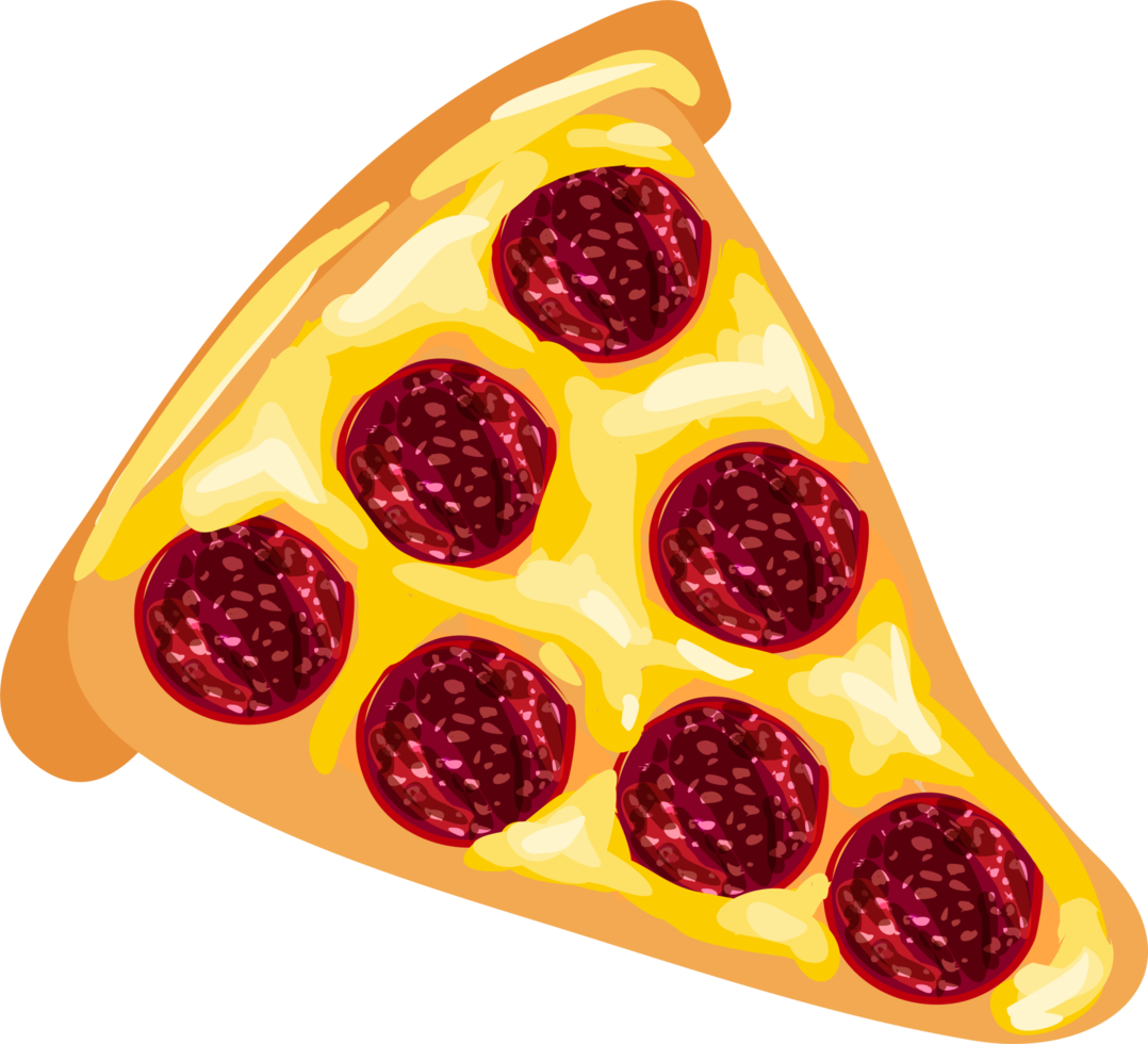 skiva av pizza med salami och ost. aptitlig hand dragen pizza skiva. png