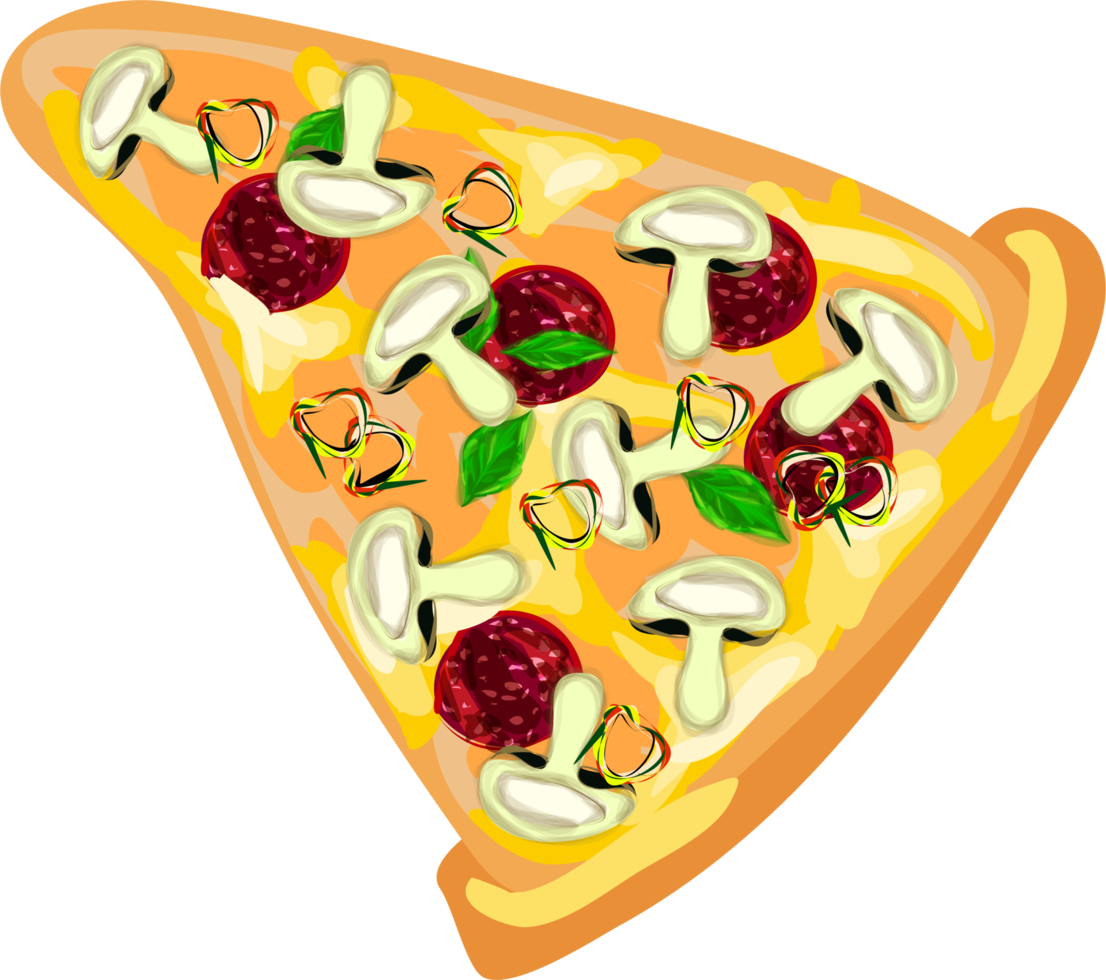 Stück Pizza mit Salami, Champignons und Basilikum. appetitliche handgezeichnete pizzascheibe. png