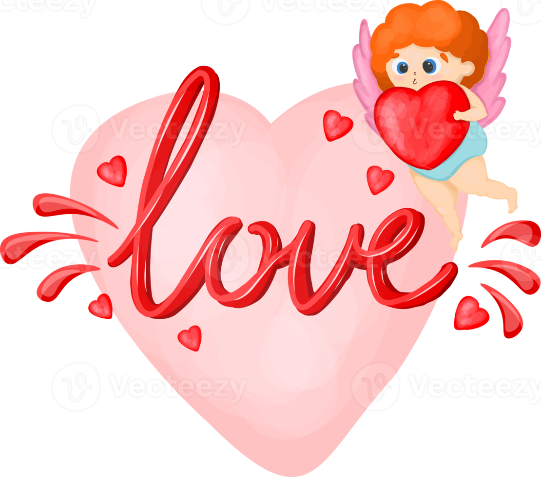 autocollant cupidon, avec des coeurs et un décor romantique. bonne saint valentin.amour. coeur rouge. personnage d'ange cupidon. png