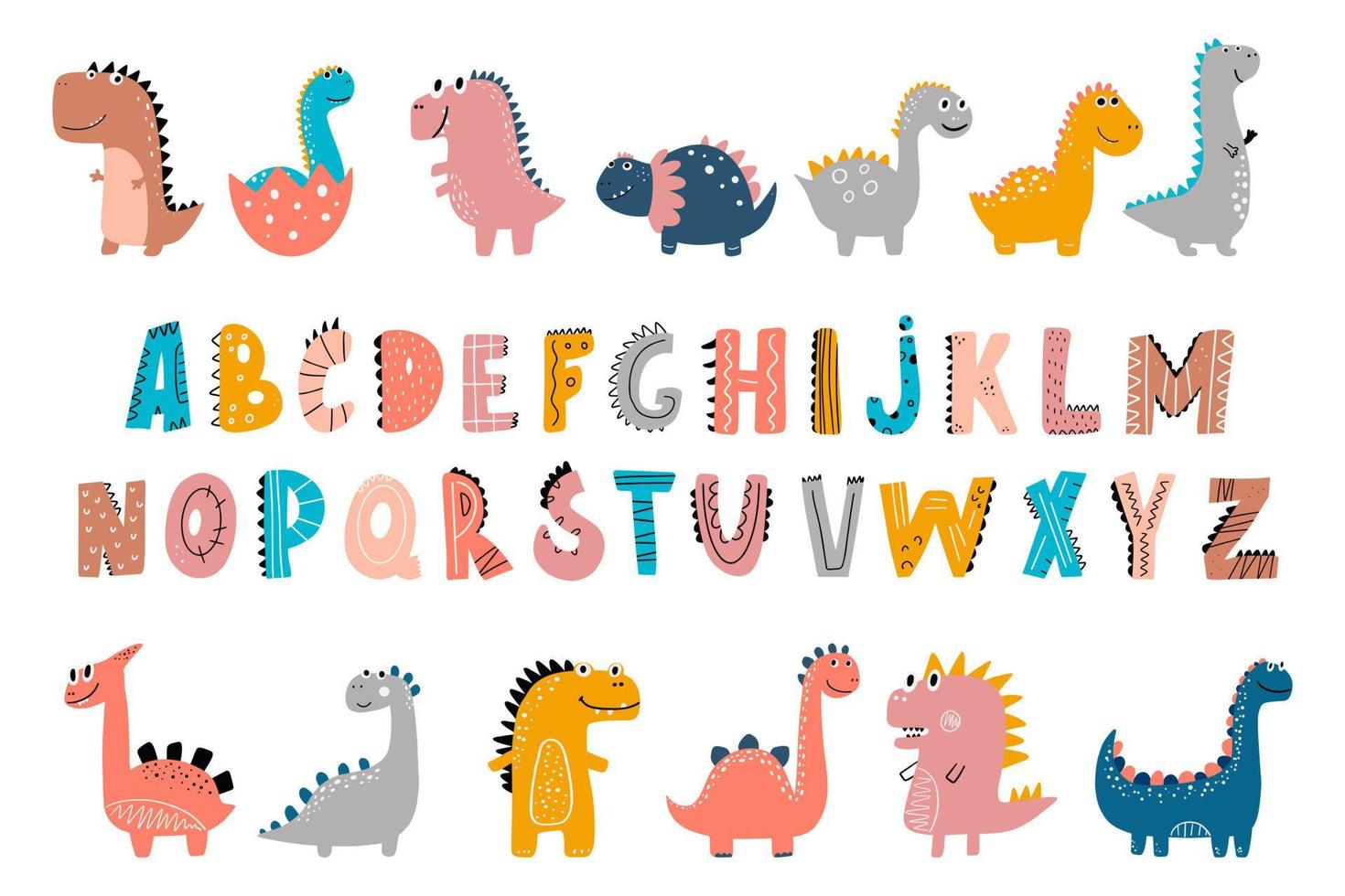 Cute Dinosaurs is a collection of colourful Dinosaurs and sweet ABC alphabet elements. Set includes cute character clipart , all created in a pretty colour palette. vector