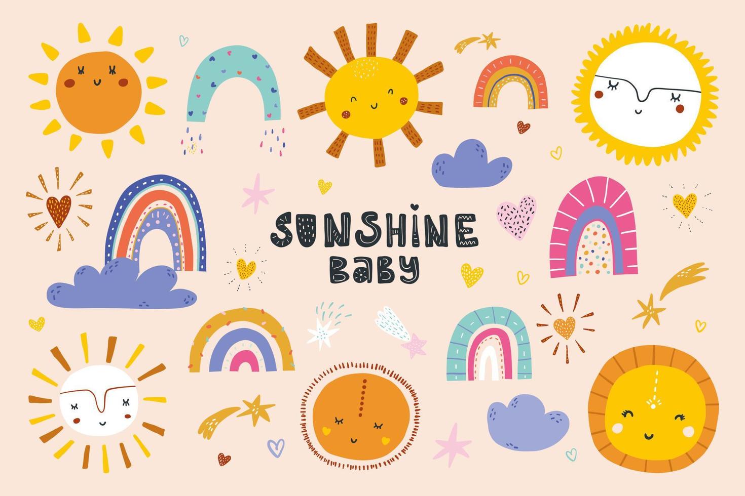 lindo juego de ilustraciones de vectores planos de sol. colección de emoticonos soleados infantiles amarillos. sol sonriente con personaje de dibujos animados de rayos de sol, arco iris de colores y más artículos.