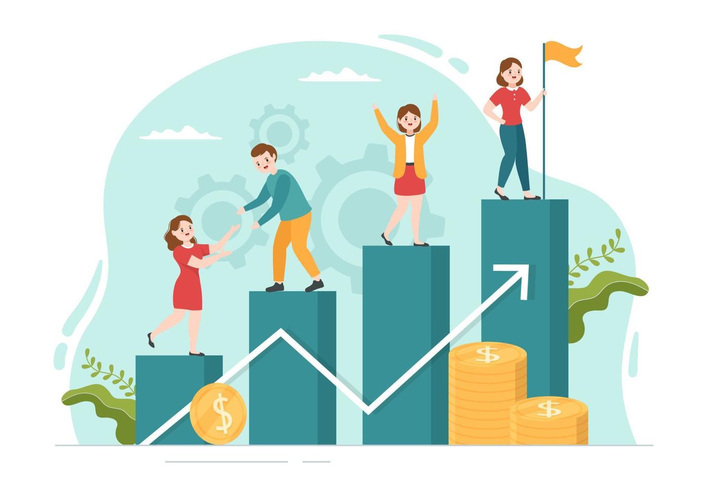 Business Leadership with Businessman Leader Helps the Team to Develop Themselves to Success in Flat Cartoon Hand Drawn Templates Illustration vector