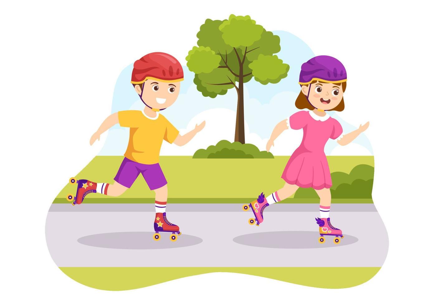 Kids Riding Roller Skates in City Park for Outdoors Activity, Sport Recreation or Weekend Leisure in Flat Cartoon Hand Drawn Templates Illustration vector