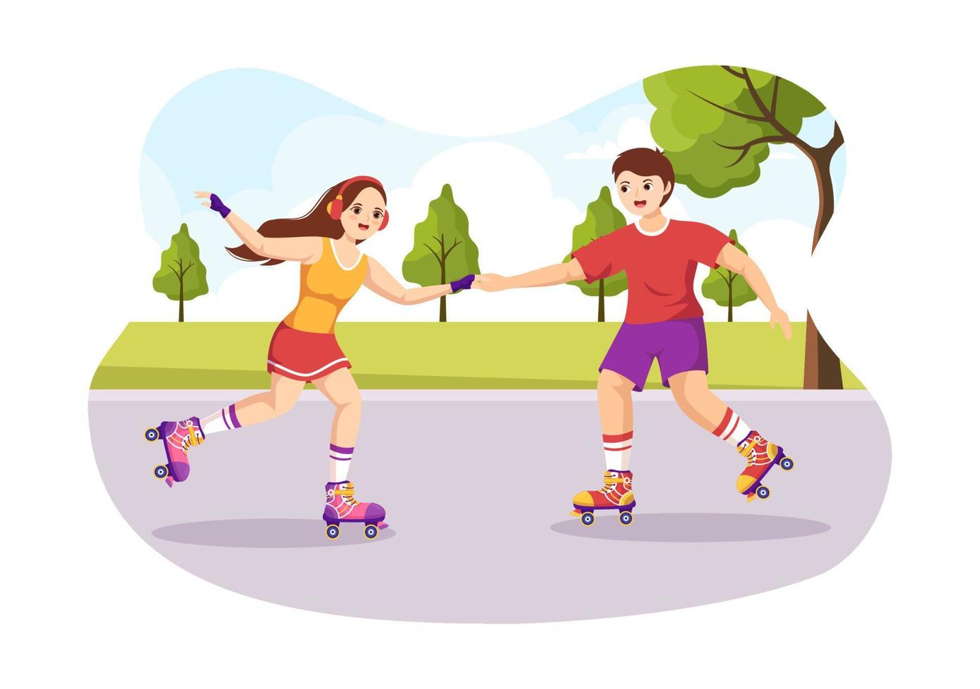 gente montando patines en el parque de la ciudad para actividades al aire libre, recreación deportiva o recreación de fin de semana en dibujos animados planos dibujados a mano ilustración de plantilla vector