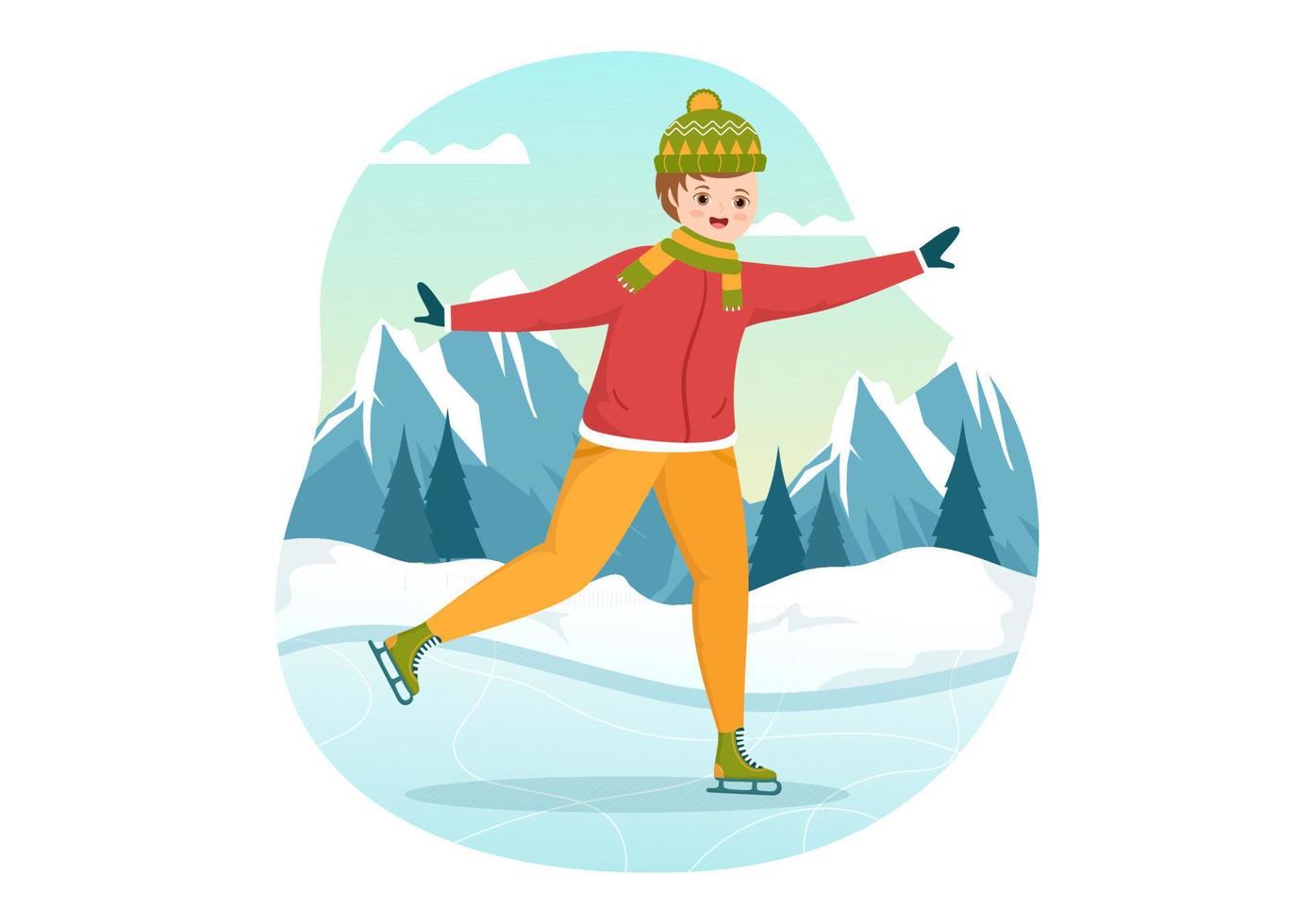 People Skating on Ice Rink Wearing Winter Clothes for Outdoor Activity or Sports Recreation in Flat Cartoon Hand Drawn Templates Illustration vector