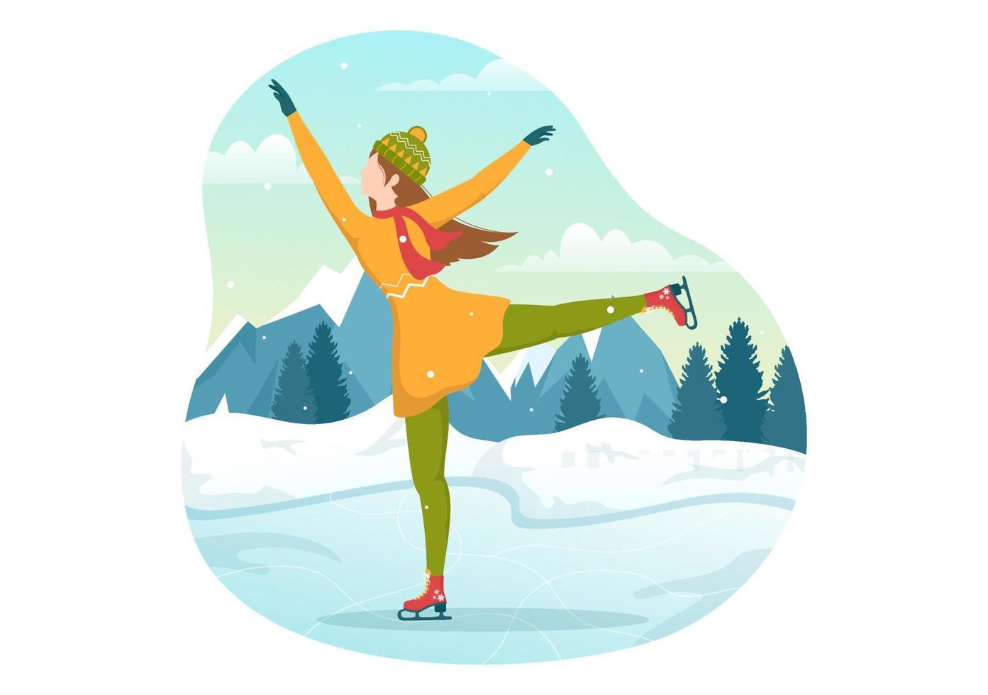 People Skating on Ice Rink Wearing Winter Clothes for Outdoor Activity or Sports Recreation in Flat Cartoon Hand Drawn Templates Illustration vector