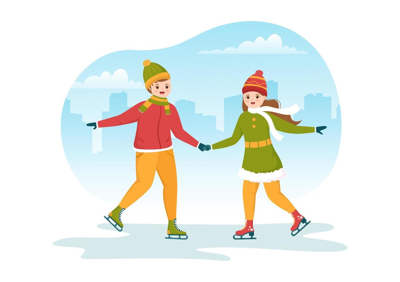 People Skating on Ice Rink Wearing Winter Clothes for Outdoor Activity or Sports Recreation in Flat Cartoon Hand Drawn Templates Illustration vector