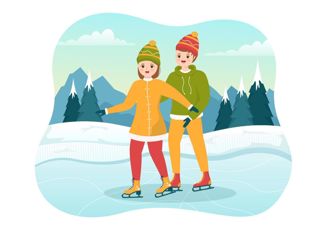 gente patinando en la pista de hielo con ropa de invierno para actividades al aire libre o recreación deportiva en dibujos animados planos dibujados a mano ilustración de plantillas vector