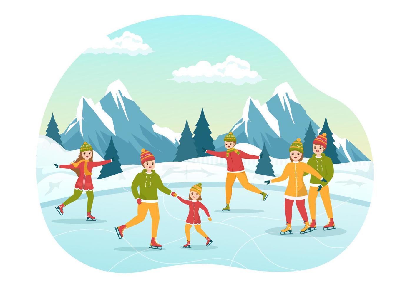 hombres, mujeres y niños patinando en la pista de hielo vistiendo ropa de invierno para actividades al aire libre en dibujos animados planos dibujados a mano ilustración de plantillas vector
