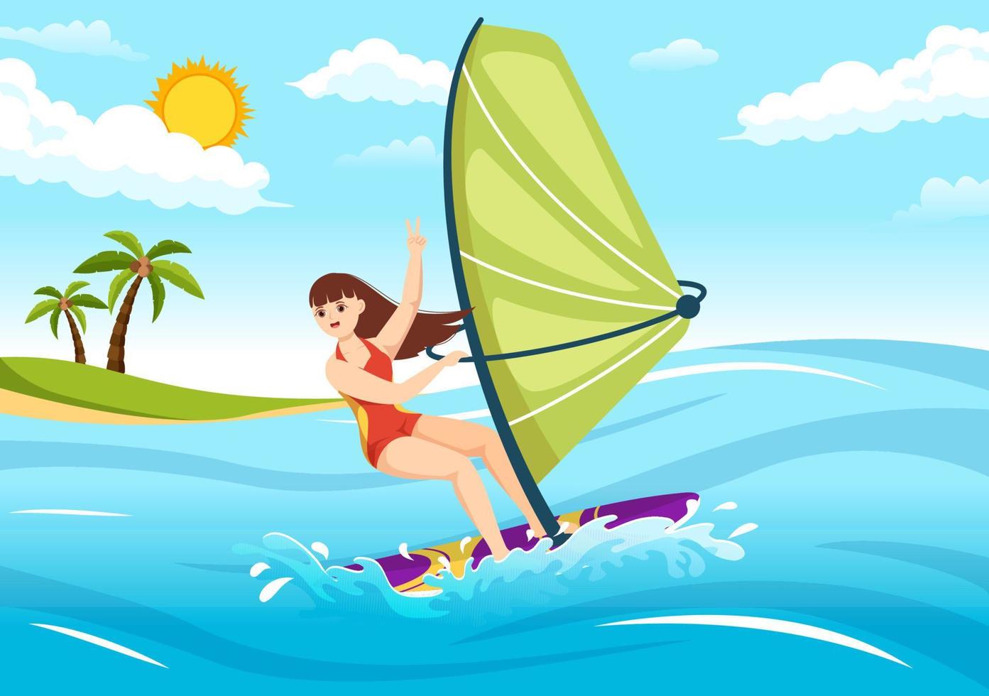 Windsurfing with the Person Standing on the Sailing Boat and Holding the Sail in Extreme Water Sport Flat Cartoon Hand Drawn Templates Illustration vector