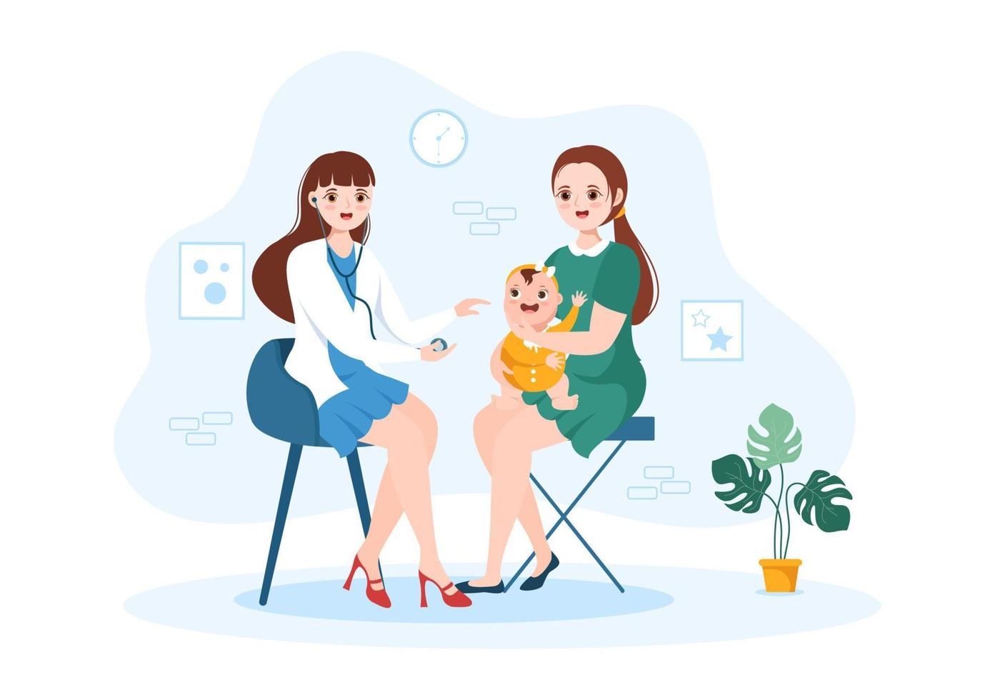 Pediatrician Examines Sick Kids and Baby for Medical Development, Vaccination and Treatment in Flat Cartoon Hand Drawn Templates Illustration vector