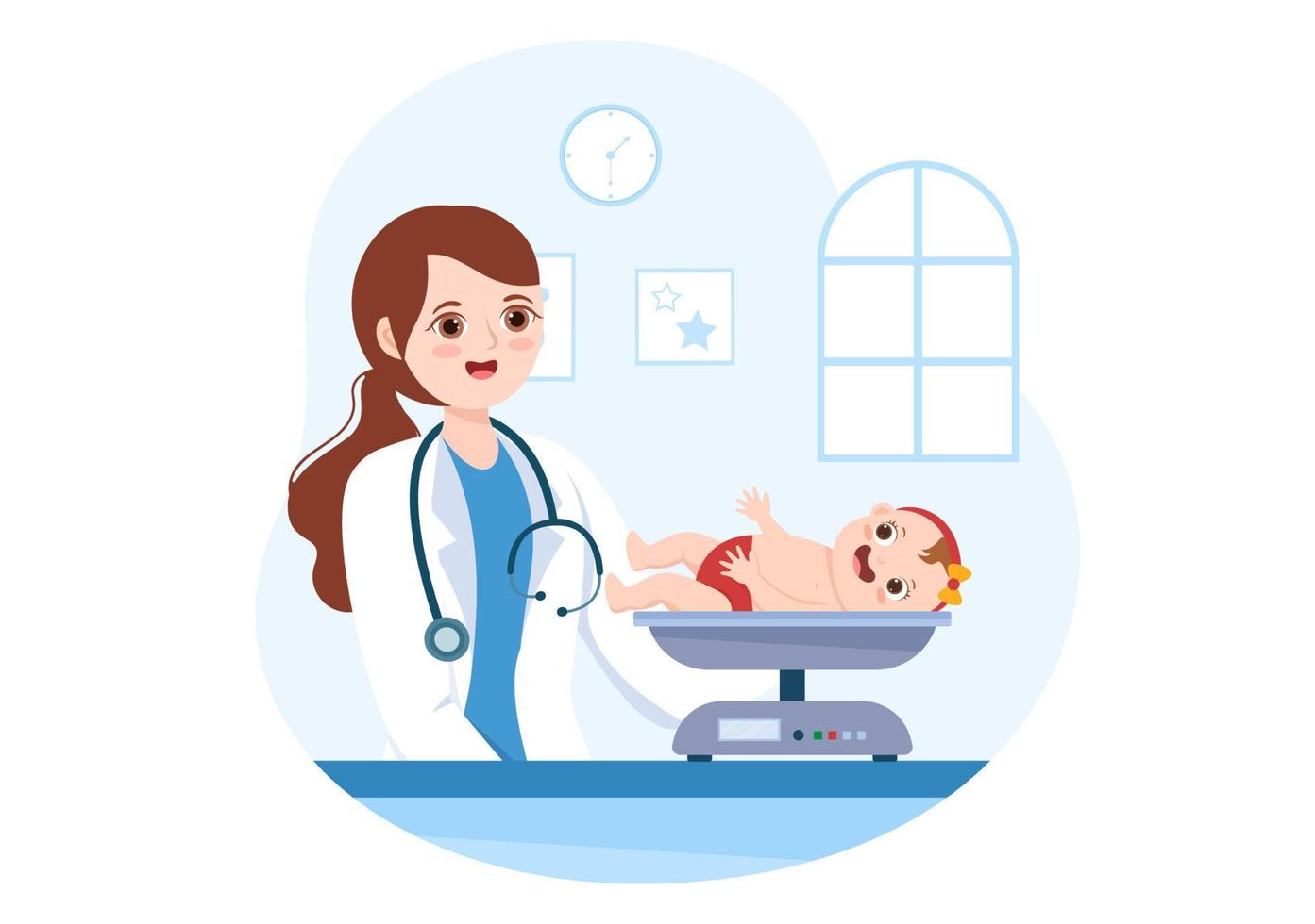 el pediatra examina a los niños y bebés enfermos para el desarrollo médico, la vacunación y el tratamiento en dibujos animados planos dibujados a mano ilustración de plantillas vector