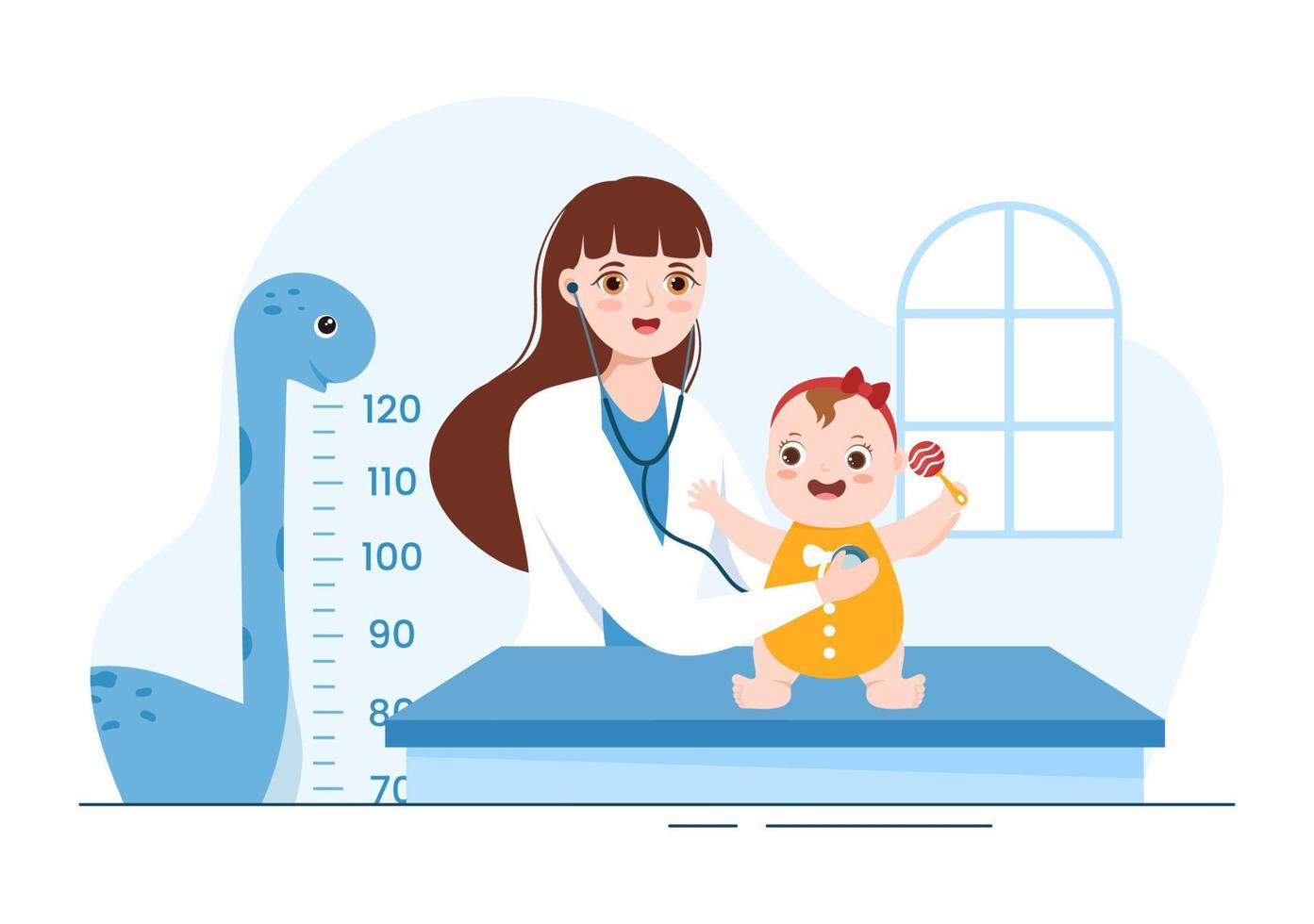 Pediatrician Examines Sick Kids and Baby for Medical Development, Vaccination and Treatment in Flat Cartoon Hand Drawn Templates Illustration vector