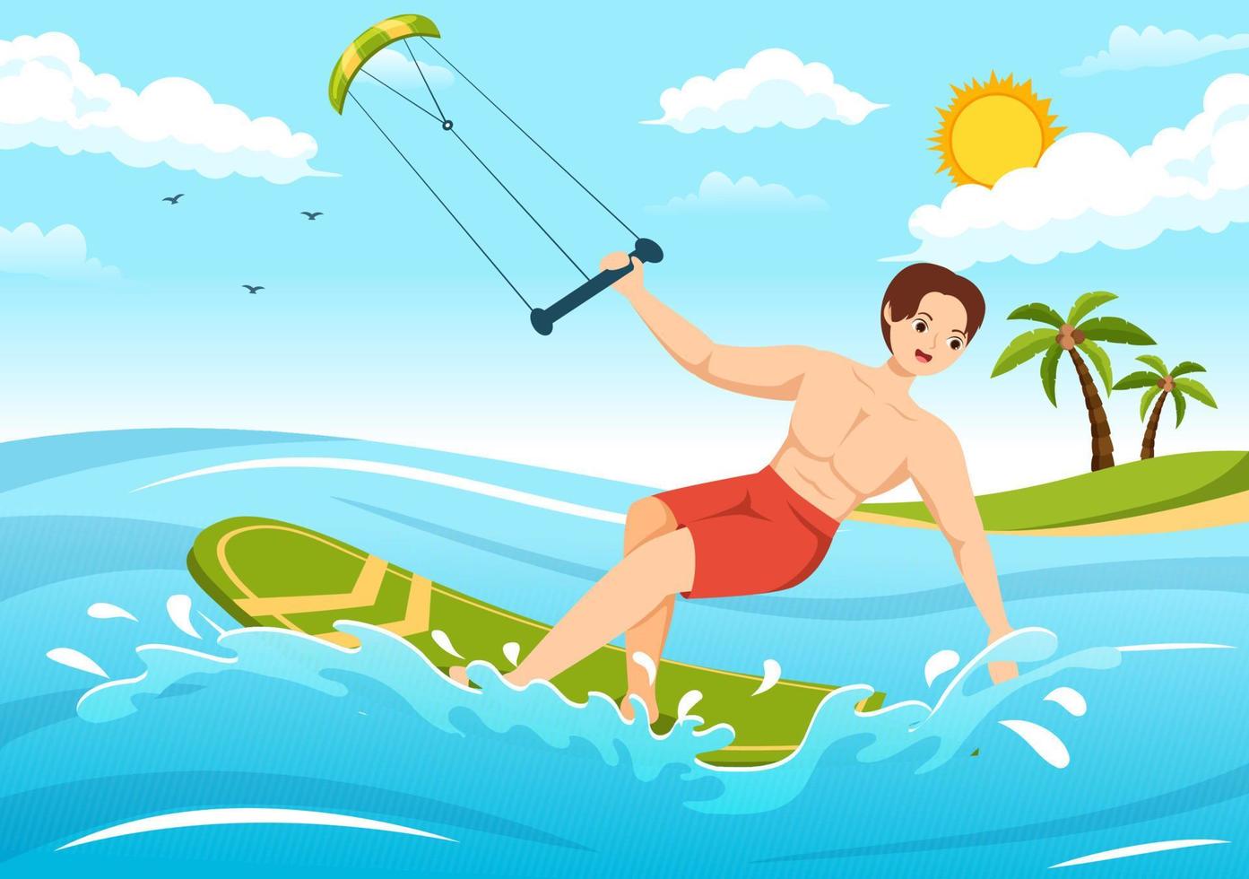 Kitesurfing Illustration with Kite Surfer Standing on Kiteboard in the Summer Sea in Extreme Water Sports Flat Cartoon Hand Drawn Template vector