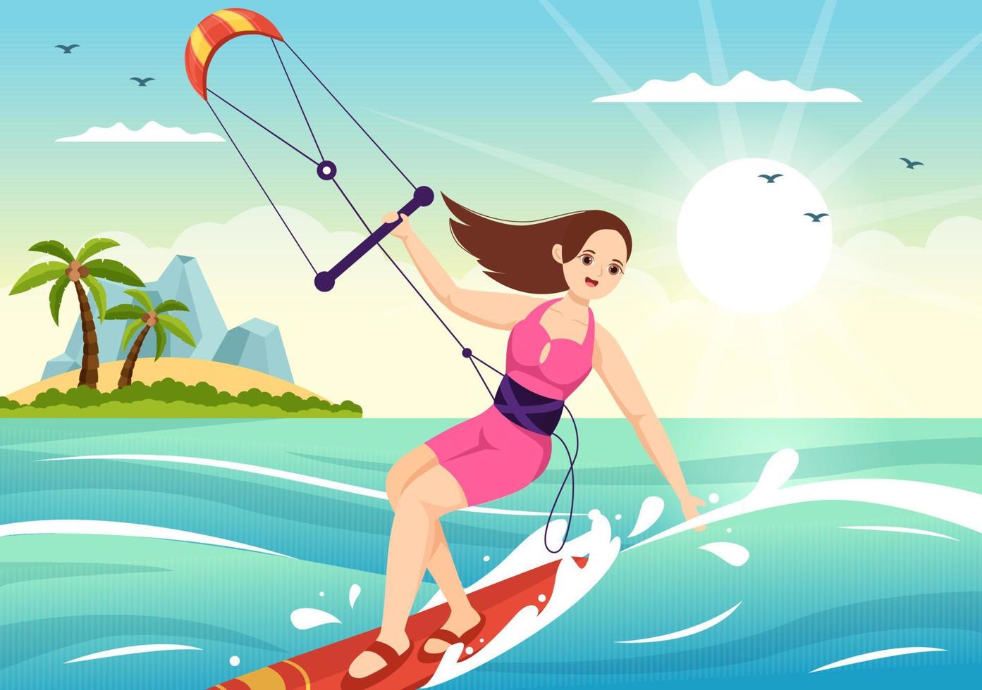 ilustración de kitesurf con kite surfista de pie en kiteboard en el mar de verano en deportes acuáticos extremos plantilla dibujada a mano de dibujos animados planos vector