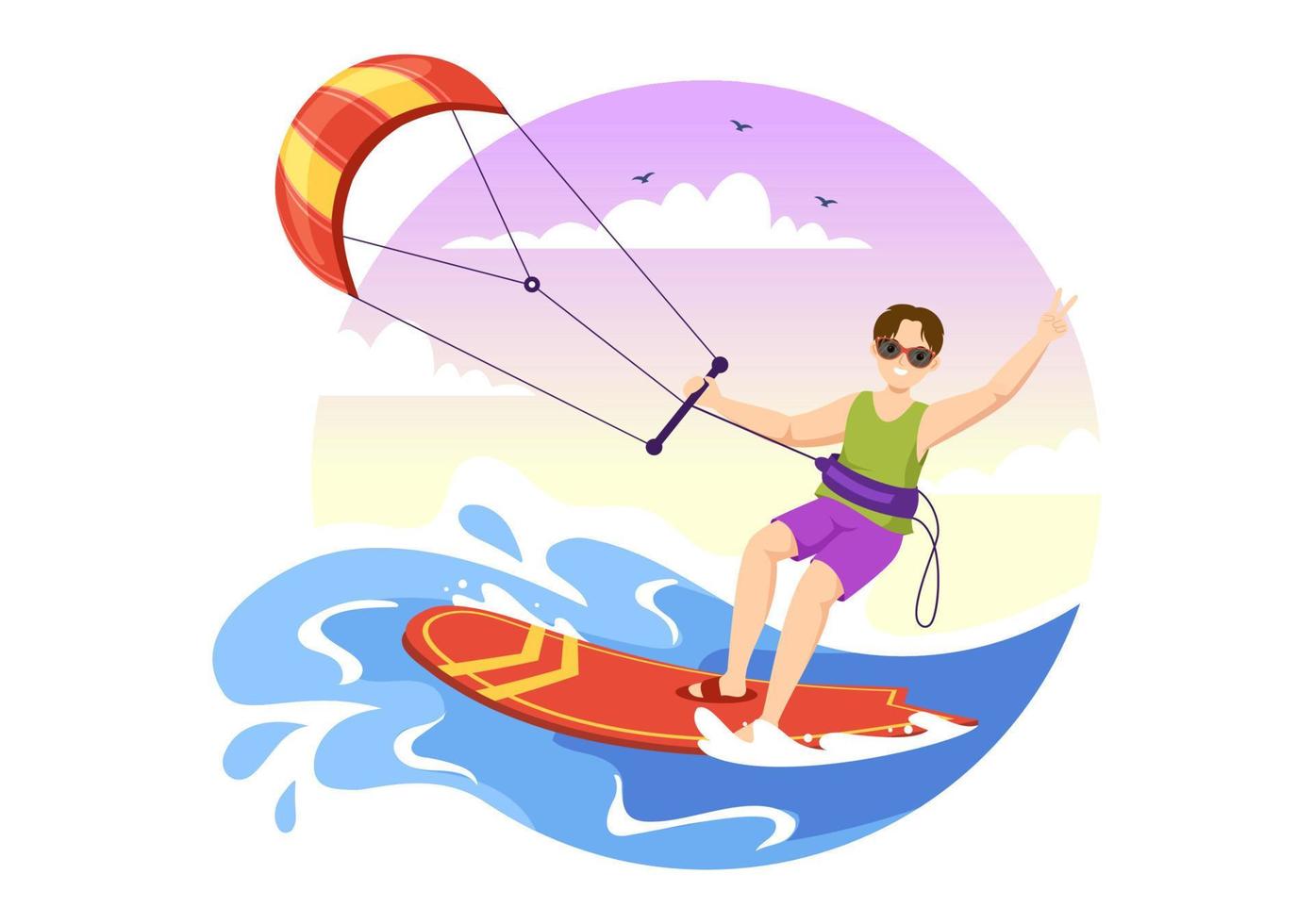 ilustración de kitesurf con kite surfista de pie en kiteboard en el mar de verano en deportes acuáticos extremos plantilla dibujada a mano de dibujos animados planos vector