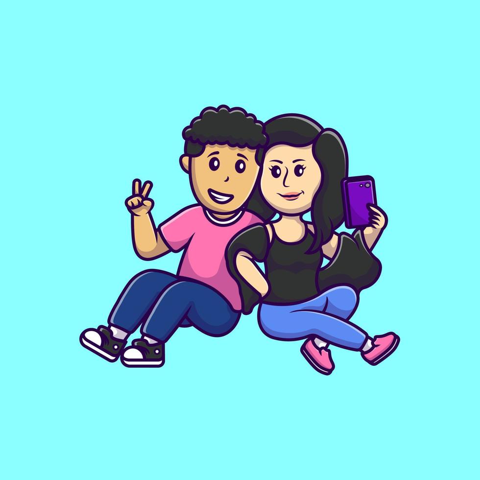 Cute Boy And Girl Taking Selfie With Phone Cartoon Vector Icons Illustration. Flat Cartoon Concept. Suitable for any creative project.