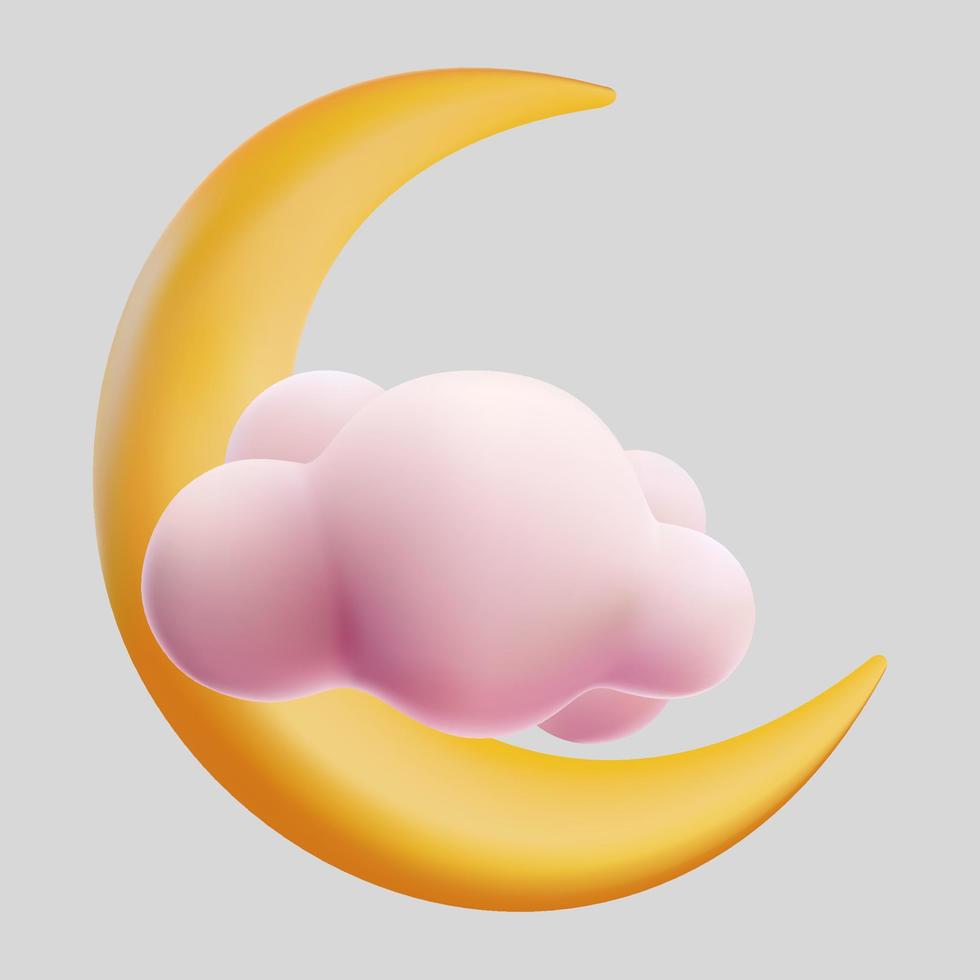 Luna amarilla creciente 3d con renderizado vectorial de estilo de dibujos animados de nube rosa pastel vector