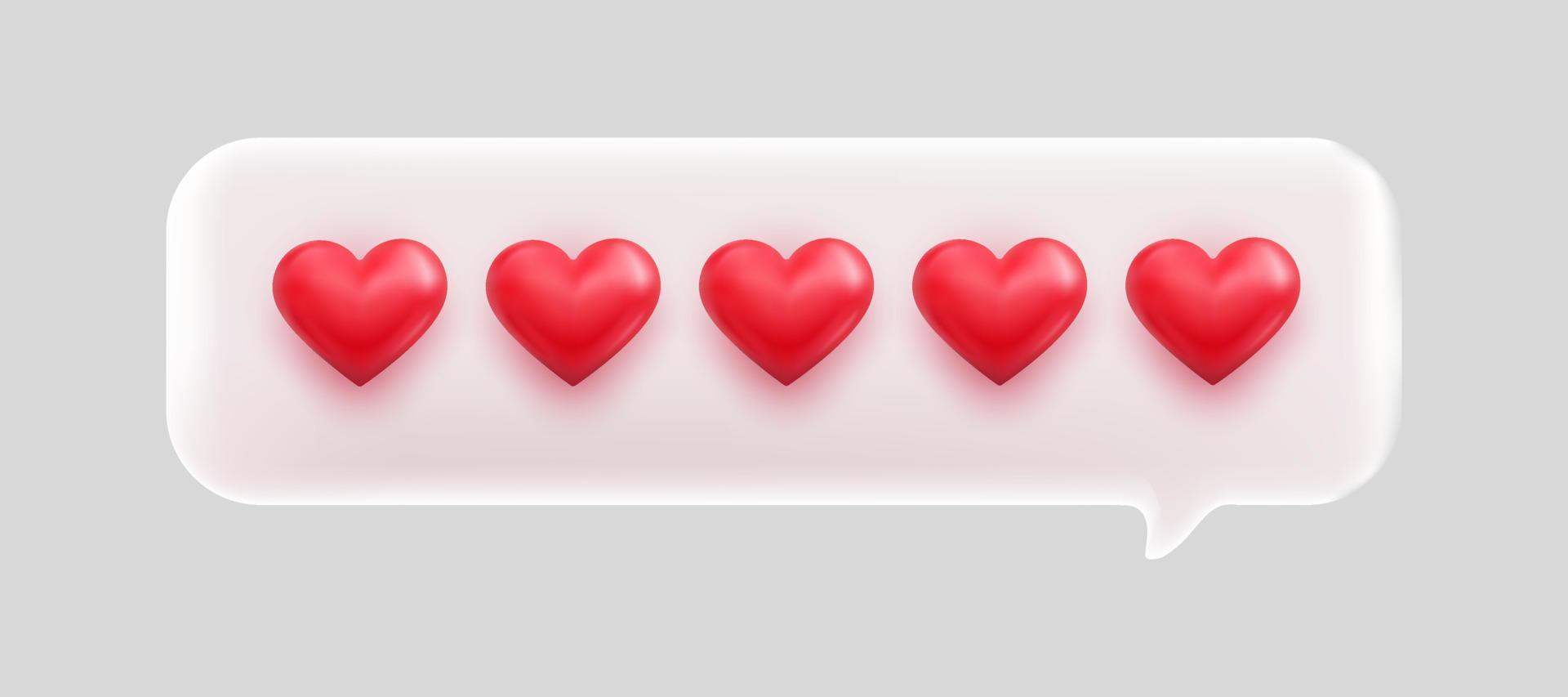 3d bubble rating five love heart for best excellent services rating for satisfaction. 3d 5 love heart for quality customer rating feedback concept from client employee, product review. vector
