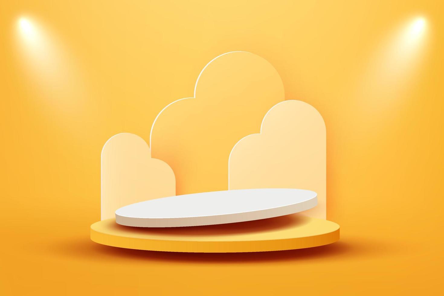 3d abstract scene yellow background soft double floating white podium product presentation with light vector