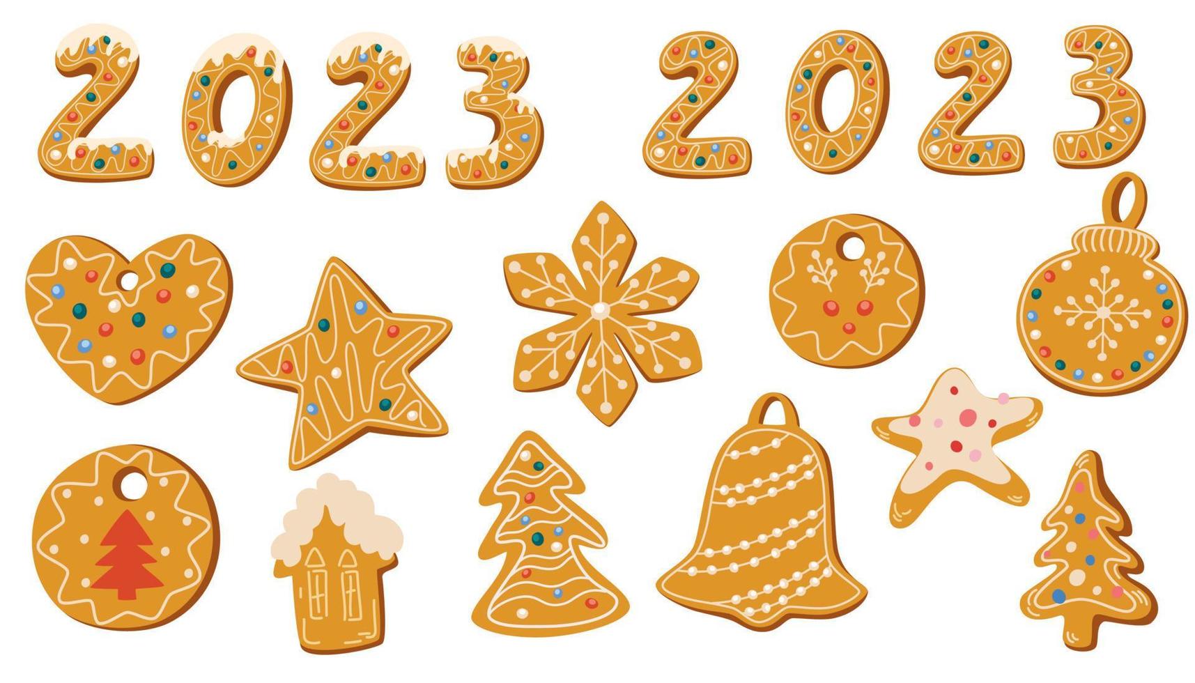 Gingerbread cookies set. Christmas sweets collection. Winter homemade sweets in the shape of a bell, snowflake, snowman, heart, star. Hand drawn vector illustrations isolated on the white background.