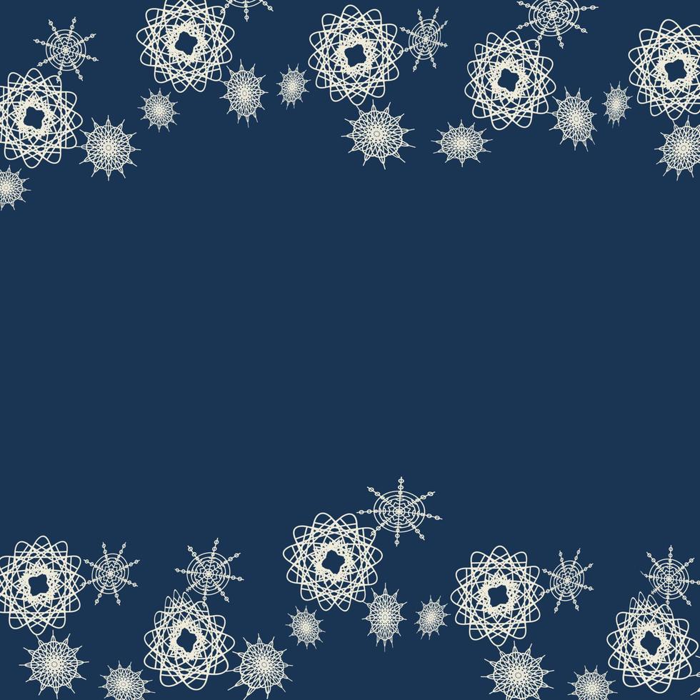 marco con fondo de invierno de copos de nieve en un estilo moderno sobre un fondo oscuro. decoración de las vacaciones de navidad de invierno. un elemento de decoración de invierno. fondo azul de navidad. vector