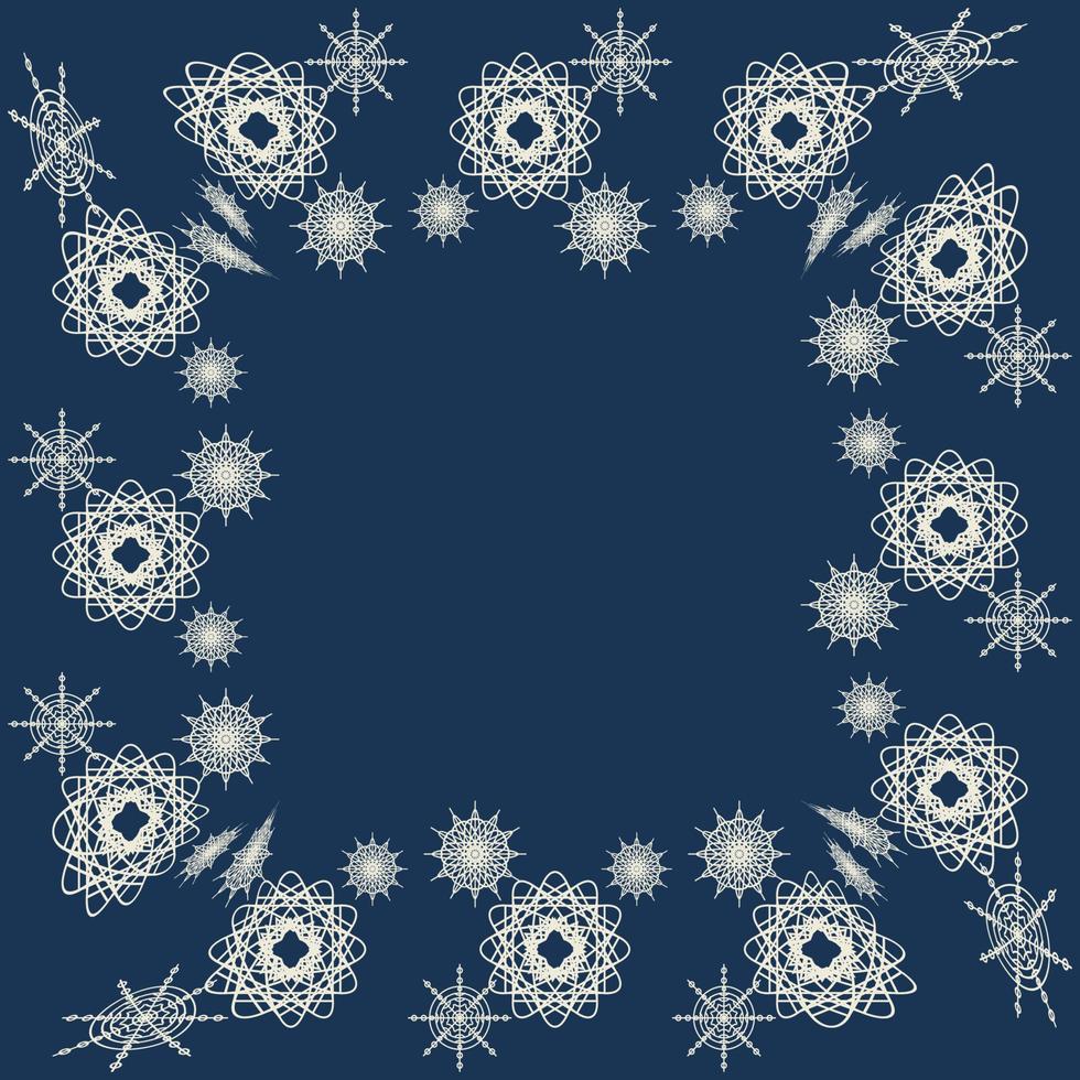 marco azul con fondo de invierno de copos de nieve en un estilo moderno sobre un fondo oscuro. decoración de las vacaciones de navidad de invierno. un elemento de decoración de invierno. fondo azul. fondo vectorial vector