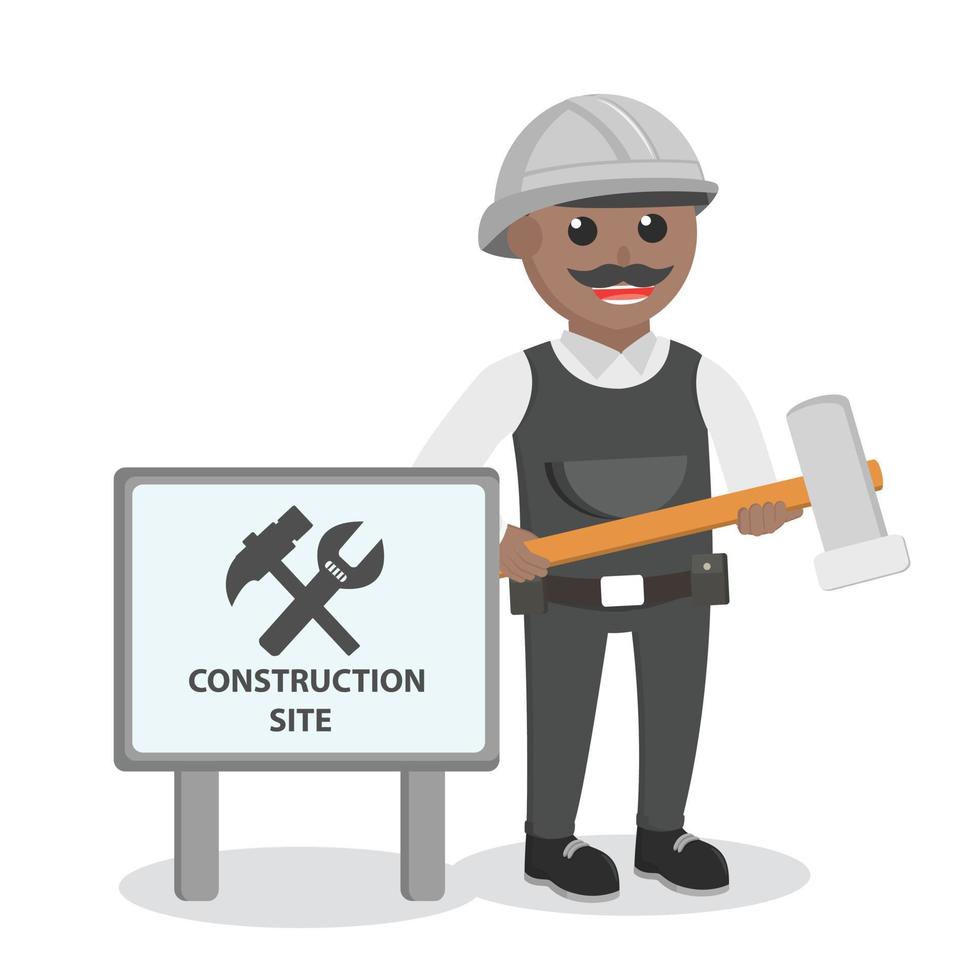 construction worker african holding hammer beside sign design character on white background vector