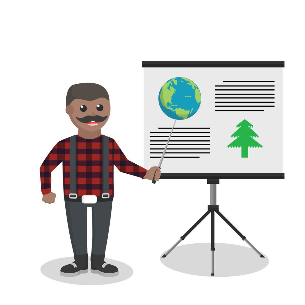 lumberjack african giving presentation about logging design character on white background vector