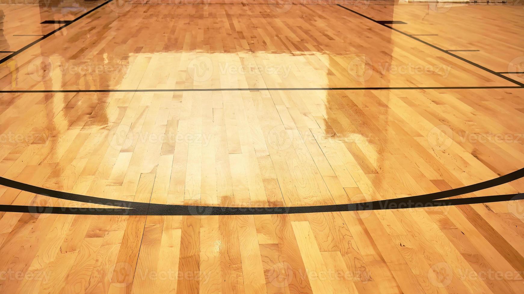 Interior of empty modern basketball indoor sport court, semigloss coating wooden floor, artificial lights reflected photo